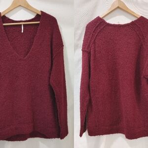 Free People Lofty Cozy Vneck Long‎ Sleeve Sweater Alpaca Blend XS Burgundy Knit